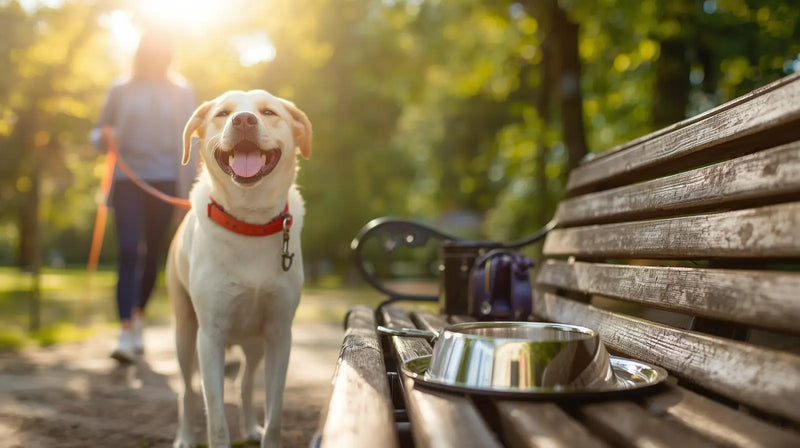 Dog and owner on a morning walk, using Shops Loom pet products like collars, food bowls, and grooming tools for a complete pet care routine